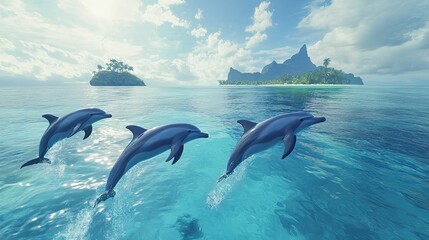 Obraz premium Three dolphins leap, tropical island backdrop.