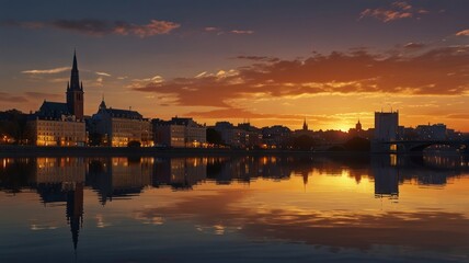 Fototapeta premium City skyline reflected in calm water at sunset.