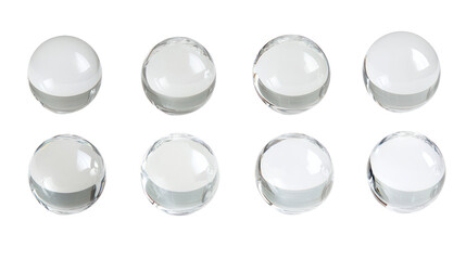 A collection of eight glossy white spheres arranged in two rows, likely used for decorative or design purposes.
