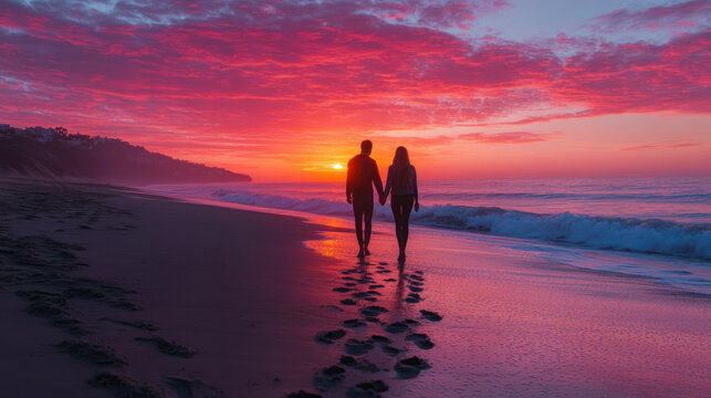 couple walking hand in hand on beach at twilight, with vibrant sunset hues