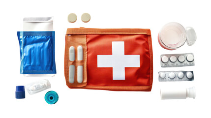 A collection of first aid supplies including a medical kit, tablets, ointments, and various containers for health and safety.