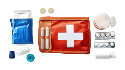 A collection of first aid supplies including a medical kit, tablets, ointments, and various containers for health and safety.