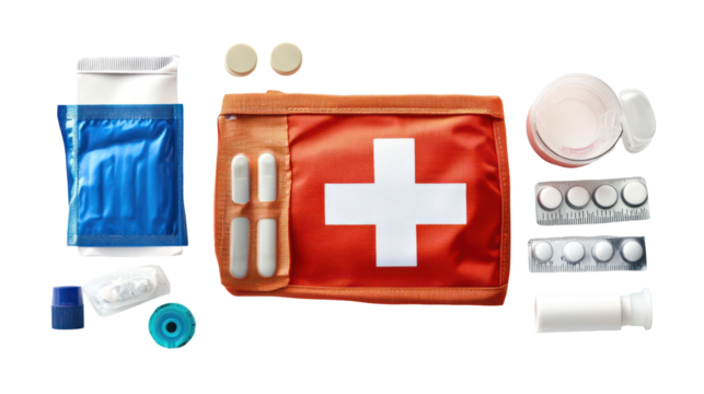 A collection of first aid supplies including a medical kit, tablets, ointments, and various containers for health and safety.