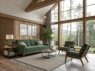Fototapeta premium Minimalist living room with a focus on natural materials and textures