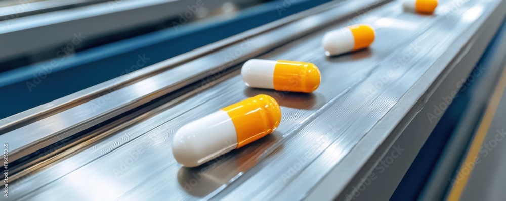 Wall mural Capsules roll along a conveyor belt in a pharmaceutical setting, showcasing the manufacturing process of medication.