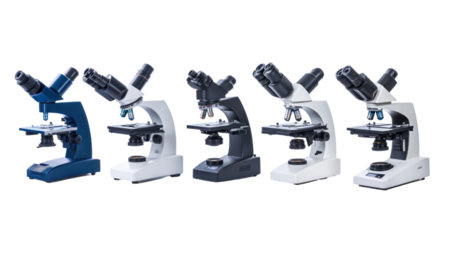 A collection of five microscopes in various colors, showcasing tools for scientific observation and research.