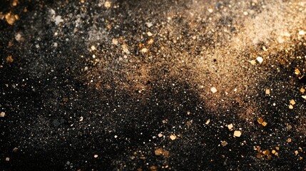 Abstract sparkling bokeh in shades of gold and silver, with shimmering light particles scattered across a dark gradient background.
