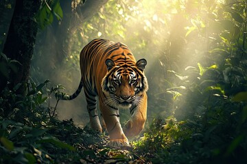 Majestic tiger walking through sunlit jungle.