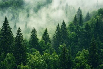 Obraz premium Lush green forest enveloped in mist, showcasing nature's tranquility.