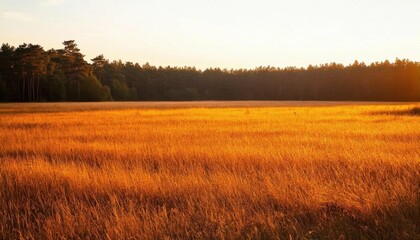 Fototapeta premium A serene landscape at sunset, featuring golden grass and a forest backdrop.