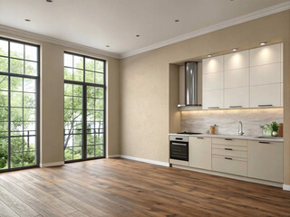 Modern kitchen with white cabinets and a wooden floor
