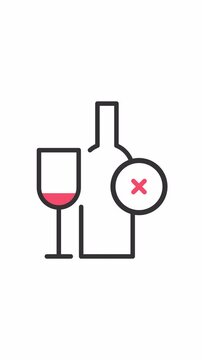 No alcohol sign.Animated wine bottle and glass with red mark icon.no alco area line animation.Alcohol control polic.alpha channel transparency.High quality 4k footage vertical screen 2160 3840 25fps.