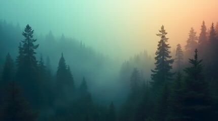 Obraz premium The Enchanted Fir Forest: A Misty Landscape with Vintage Retro Aesthetic, Revealing the Mysterious Beauty of Nature Wrapped in Fog