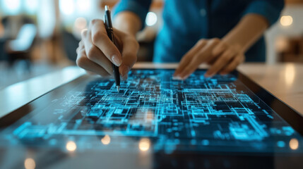person working on digital architectural blueprint on touchscreen device, showcasing precision and innovation