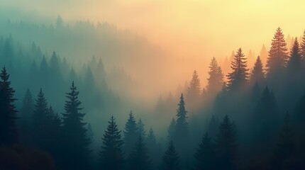 Fototapeta premium Through the Mist: A Fir Forest in Vintage Retro Aesthetic, Unveiling the Enigmatic Beauty of Nature Veiled in Fog