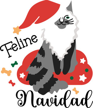 Pet's Christmas. Feline Navidad. Lettering design with cat character and festive elements.