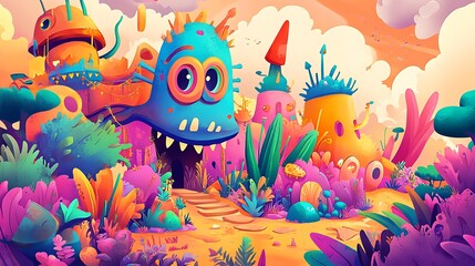 Obraz premium A vibrant, whimsical landscape featuring colorful buildings and lush vegetation.