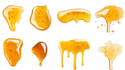 A collection of honey drips and blobs showcasing various textures and shapes. Ideal for food-related designs or culinary presentations.