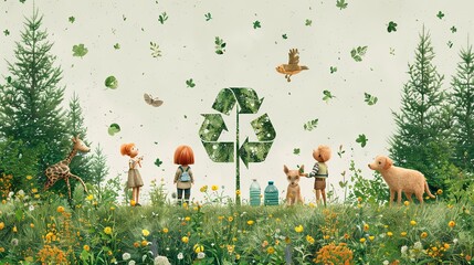 Illustration of children walking through a vibrant meadow filled with flowers, trees, and butterflies, capturing joy and exploration.

