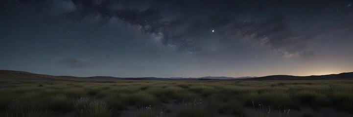 Fototapeta premium A calm prairie under a vast clear starry sky with minimal light pollution, prairie landscape, natural scenery, clear starry sky