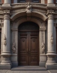 Obraz premium A columned building with an ornate doorway and intricate carvings , detailed, architecture