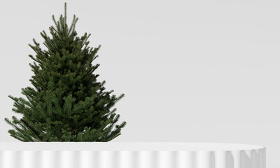 Stand product display podium with pine tree on white background. 3D rendering