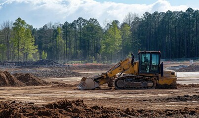 Obraz premium Excavator working on a construction site with trees in the background.