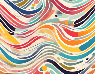 Obraz premium Multicolored curved checkered lines and confetti, polka dots, striped pattern on a light background