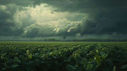 A dramatic landscape featuring a green field under dark, stormy clouds.