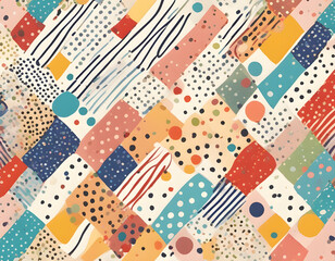 Obraz premium Multicolored curved checkered lines and confetti, polka dots, striped pattern on a light background