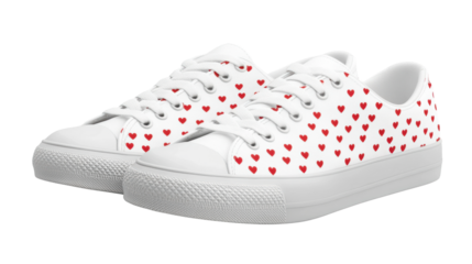 White fashion sneakers with red hearts pattern on transparent background