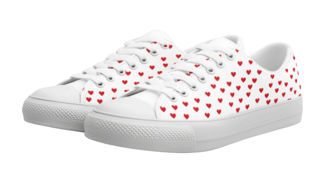 White fashion sneakers with red hearts pattern on transparent background