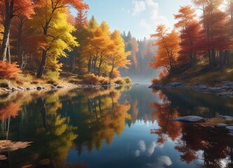 Fototapeta premium A serene lake in the midst of a colorful autumn forest, forest, nature, river
