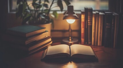 Obraz premium Open book illuminated by desk lamp, surrounded by books and plant on wooden surface near window.