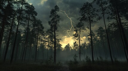 Lightning striking a dark, misty pine forest.