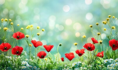 Obraz premium A vibrant field of red poppies and yellow flowers against a soft background.