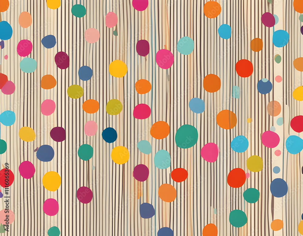 Wall mural Multicolored curved checkered lines and confetti, polka dots, striped pattern on a light background