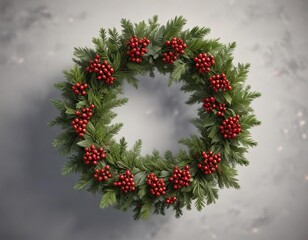 Christmas evergreen wreath with red berries and holly, red berries, decorative items