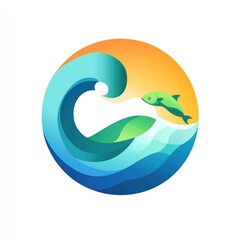 Fototapeta premium Here's a description and keywords for your image.. Ocean wave engulfing fish, vibrant colors, circular design.