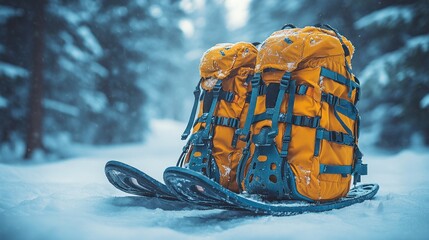 Two yellow backpacks rest on snowshoes in a snowy forest setting.