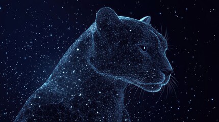 Digital panther portrait, glowing lines and dots on dark background.