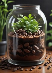 Coffee beans and grounds in a small terrarium with plants growing through it , greenery, nutrient-rich, ecosystem