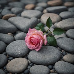 Fototapeta premium A pink rose lying on gray stones.