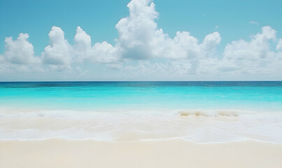 Obraz premium Serene tropical beach scene with turquoise water, white sand, and fluffy clouds. Perfect for travel, vacation, and summer themes.