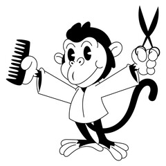 Funny monkey cartoon characters wearing barber uniform, holding hair scissors and comb. Best for outline, logo, and coloring book for barbershop business and services