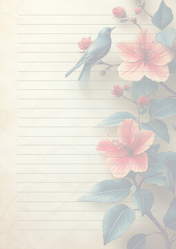 Papier &agrave; lettres pastel avec d&eacute;corations th&egrave;me vintage, papier vieilli, roses, fleurs, vieux livres, plumes, cl&eacute;s antiques, avec des lignes droites et fines pour l'&eacute;criture