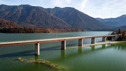 Isar River Sylvensteinsee Alpine foothills mountains in autumn Aerial View