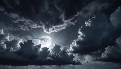 Dark and foreboding storm clouds against a bright moonlit sky , moody, storm clouds