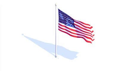 Fototapeta premium Isometric USA flag standing on a flagpole, with crisp, clear lines and vibrant colors, isolated and detailed