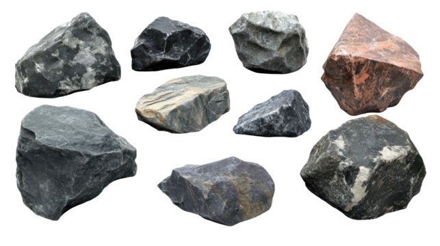A collection of various rocks displayed in an arrangement, showcasing different shapes and textures.